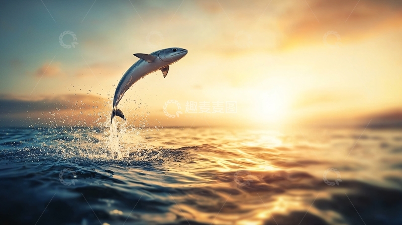 高清大图下载【趣麦麦图】海豚跃出水面夕阳下的美丽瞬间