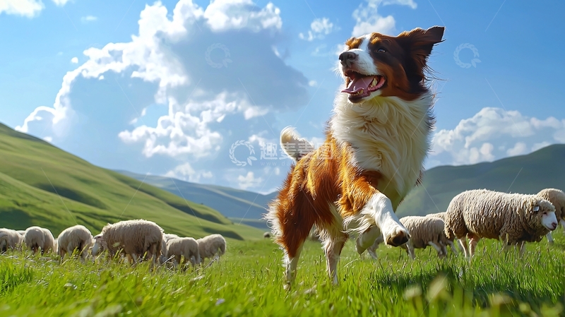 高清大图下载【趣麦麦图】牧羊犬与羊群在草原上奔跑