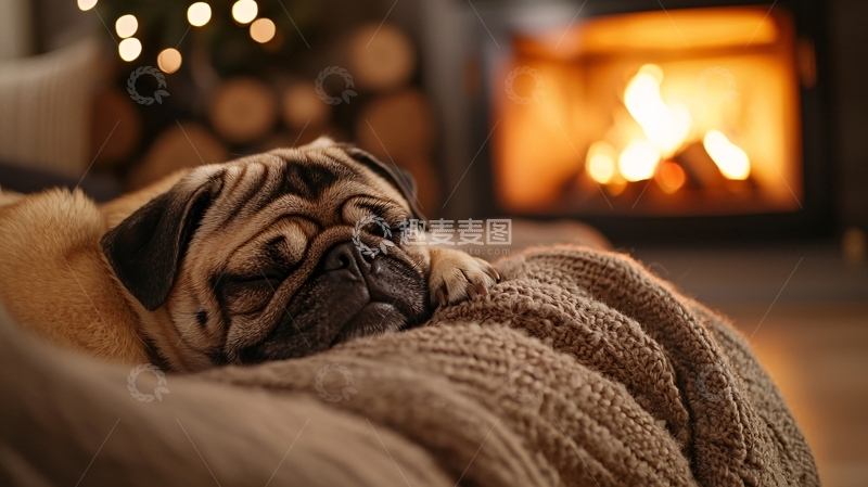 高清大图下载【趣麦麦图】温暖的壁炉旁的可爱哈巴狗