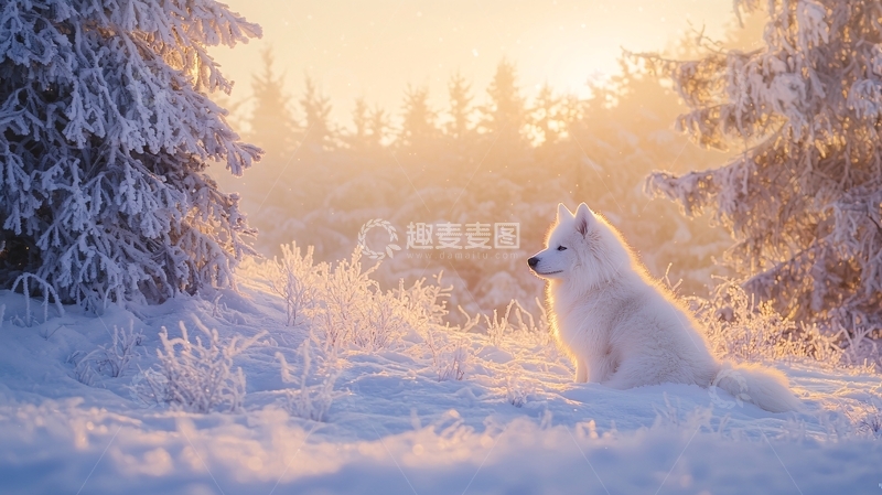 高清大图下载【趣麦麦图】雪地里的白色萨摩耶犬