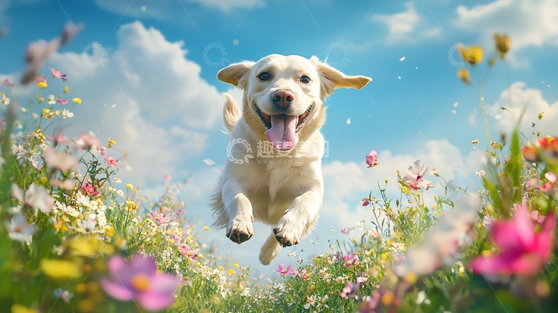 高清大图下载【趣麦麦图】快乐小狗在花丛中奔跑