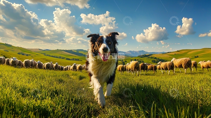 高清大图下载【趣麦麦图】牧羊犬与羊群的田园风光