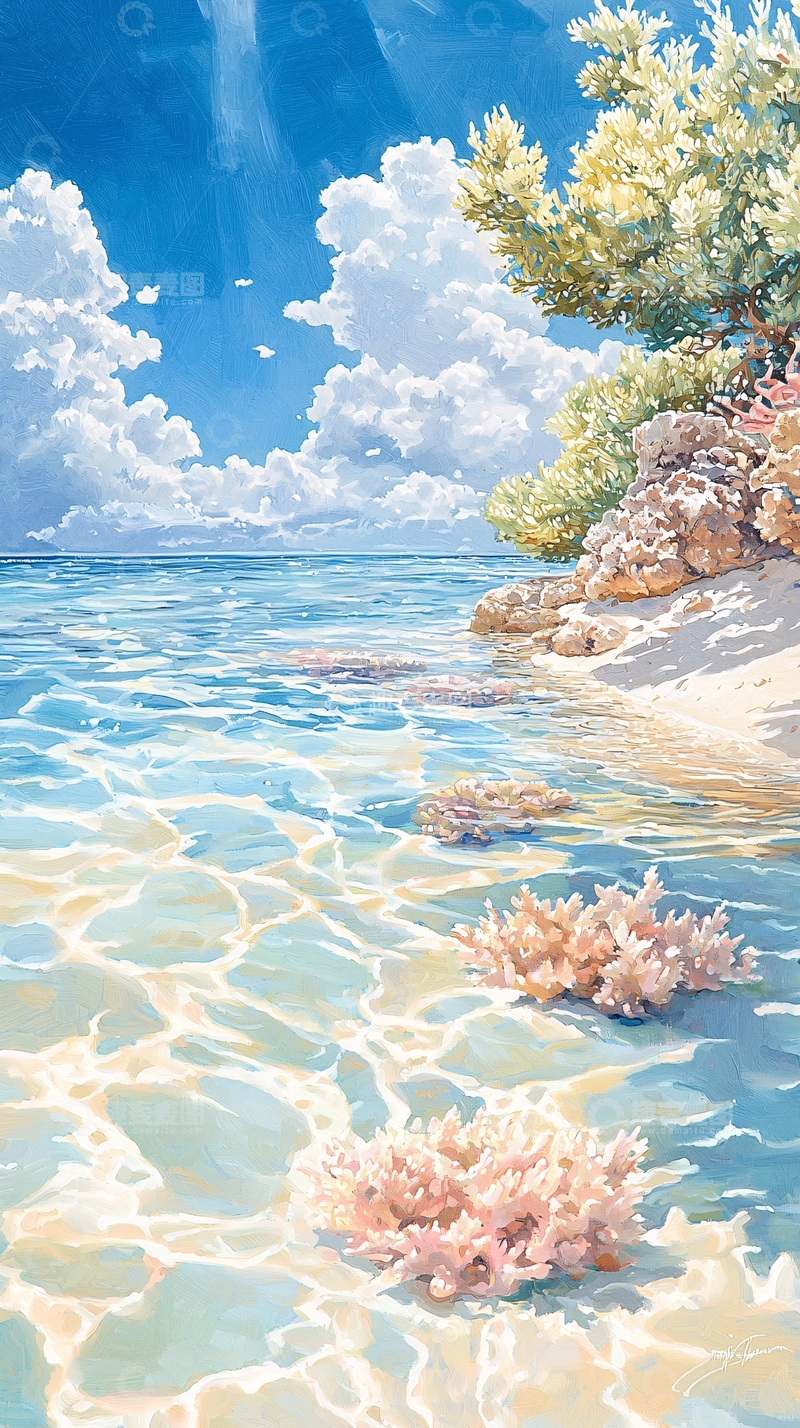 高清大图下载【趣麦麦图】热带海滩珊瑚礁风景画