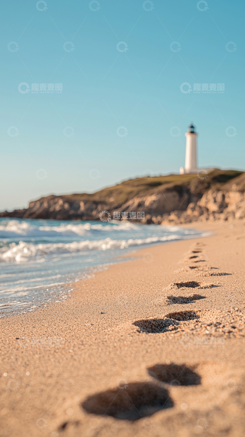 高清大图下载【趣麦麦图】海滩上的脚印与灯塔