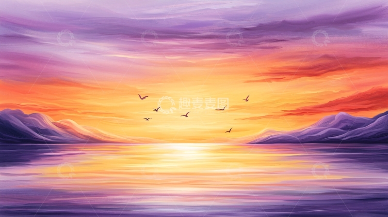 高清大图下载【趣麦麦图】紫红色天空下的湖面