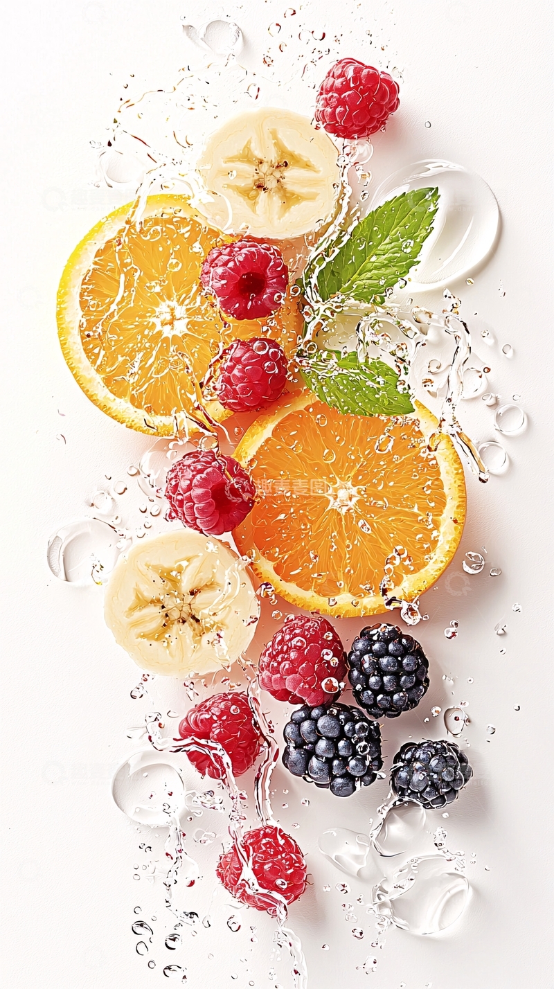 高清大图下载【趣麦麦图】新鲜水果与水花的艺术展示