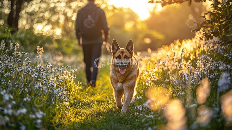 高清大图下载【趣麦麦图】夕阳下的德国牧羊犬散步