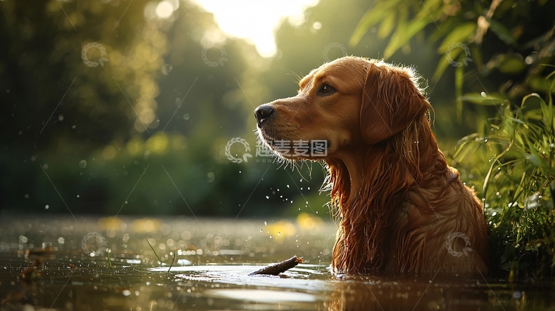 高清大图下载【趣麦麦图】金毛犬在水中嬉戏