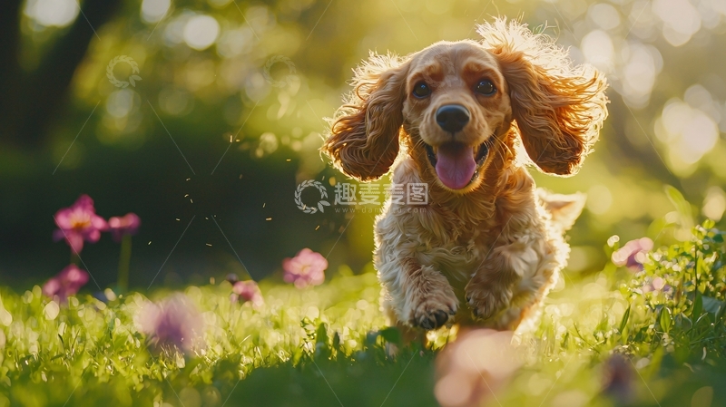 高清大图下载【趣麦麦图】阳光下的小狗奔跑在花丛中