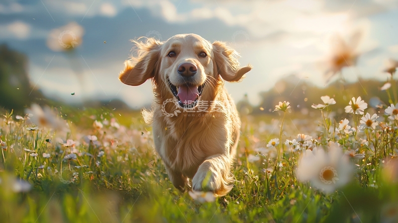 高清大图下载【趣麦麦图】金毛犬在花丛中奔跑