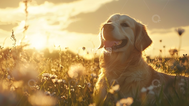 高清大图下载【趣麦麦图】夕阳下的金毛犬