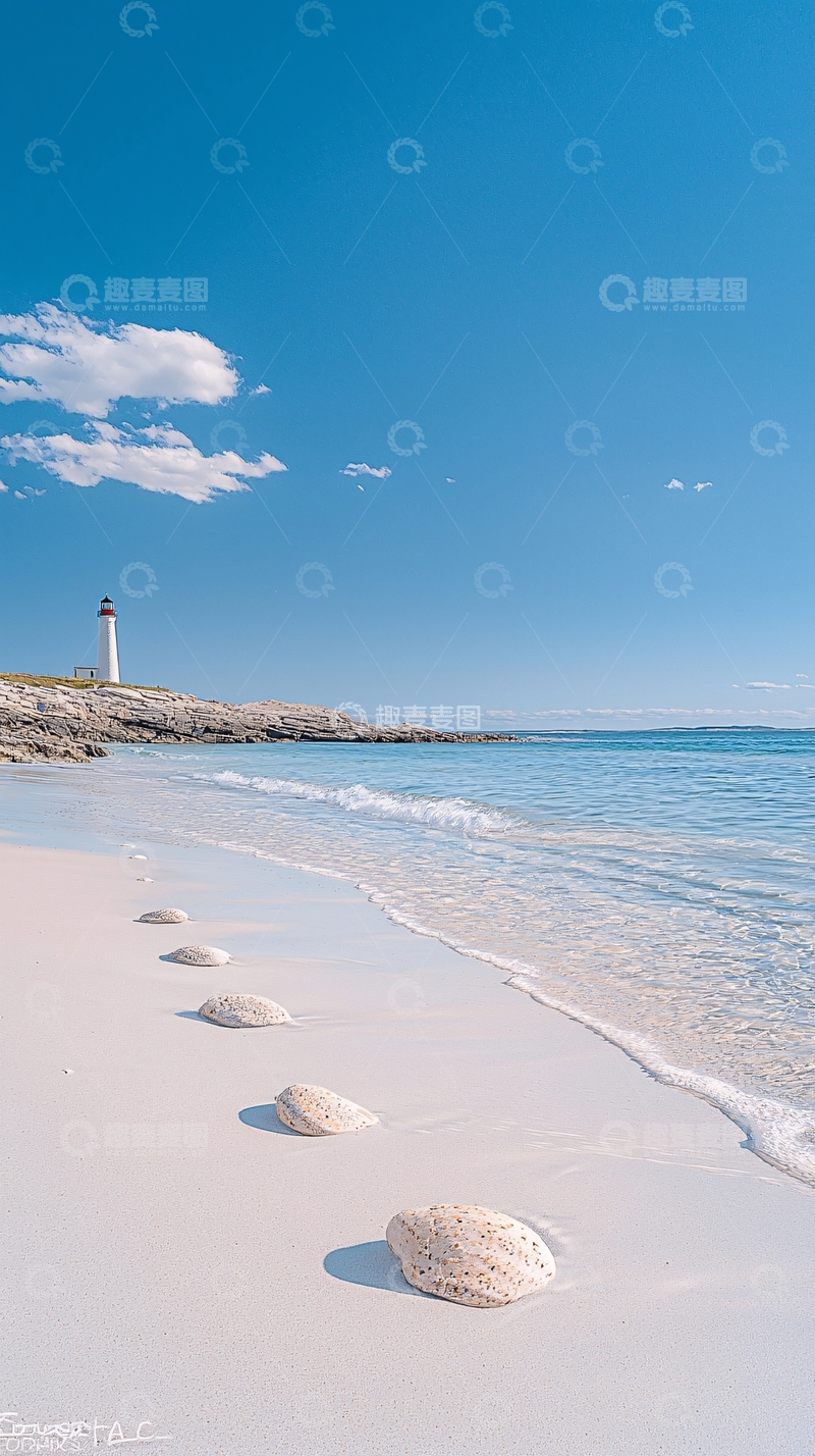 高清大图下载【趣麦麦图】海滩上的灯塔与贝壳