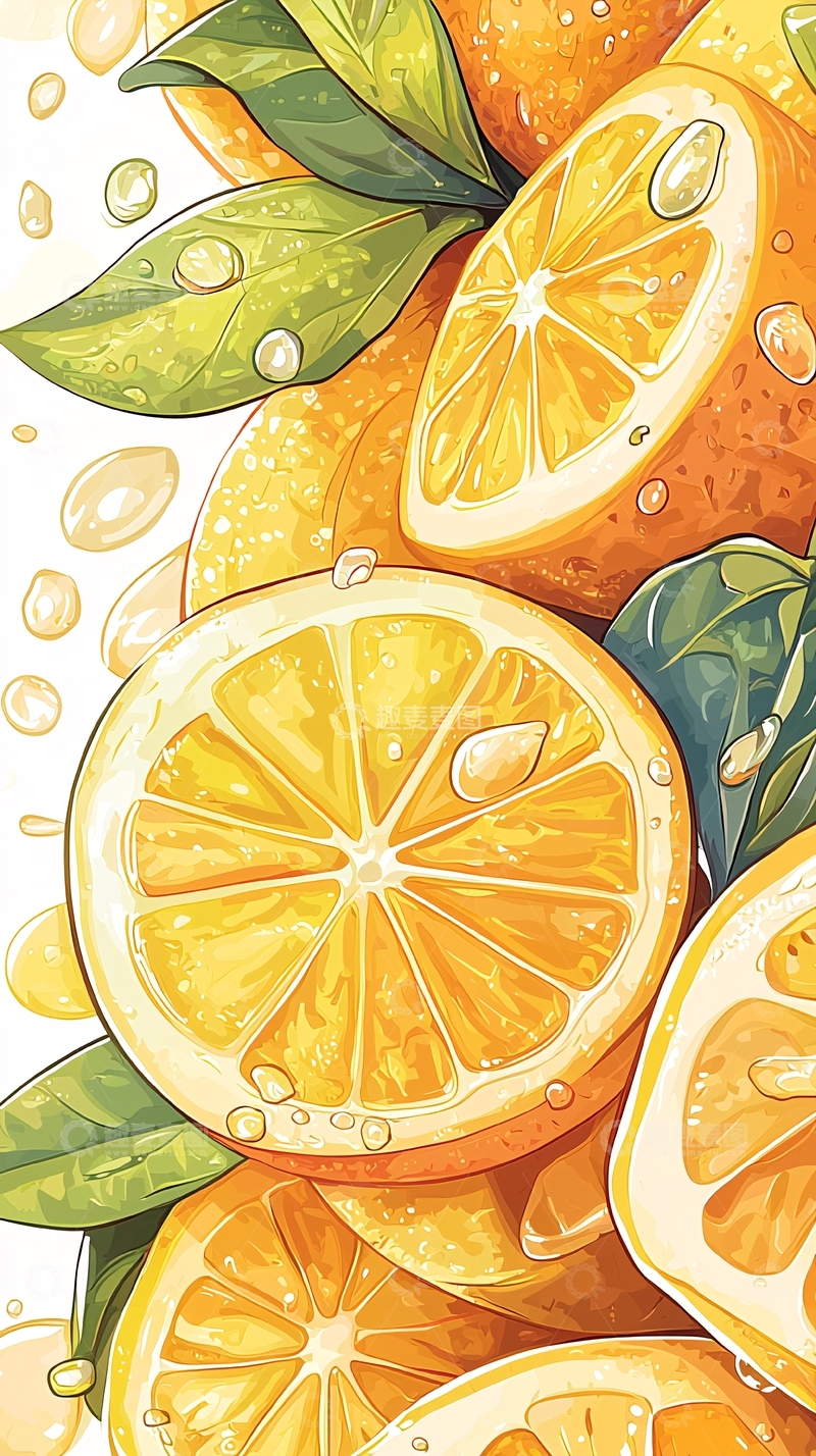 高清大图下载【趣麦麦图】橙子切片与绿叶背景插画