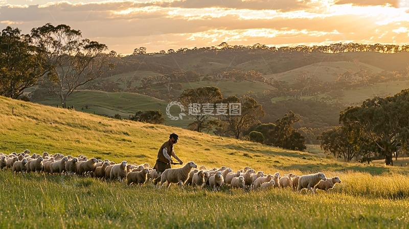 高清大图下载【趣麦麦图】夕阳下的牧羊人与羊群