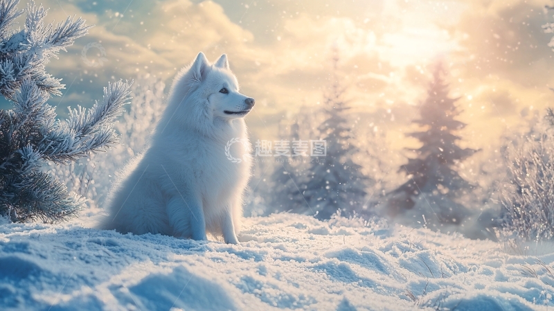 高清大图下载【趣麦麦图】雪地里的白色萨摩耶犬