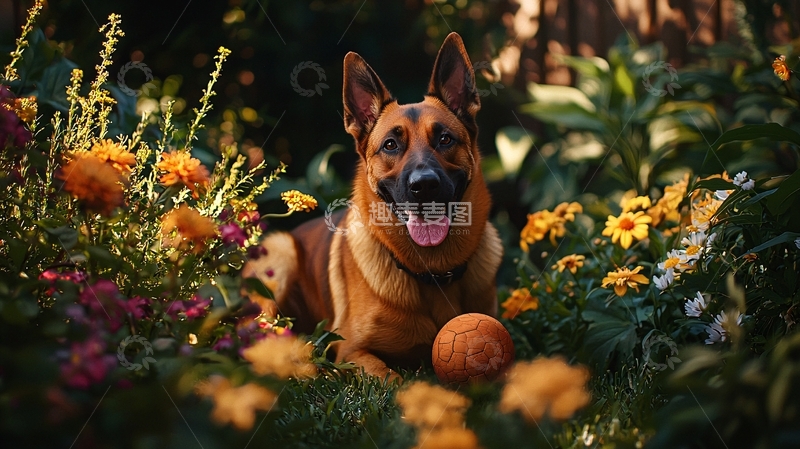 高清大图下载【趣麦麦图】德国牧羊犬在花丛中玩耍