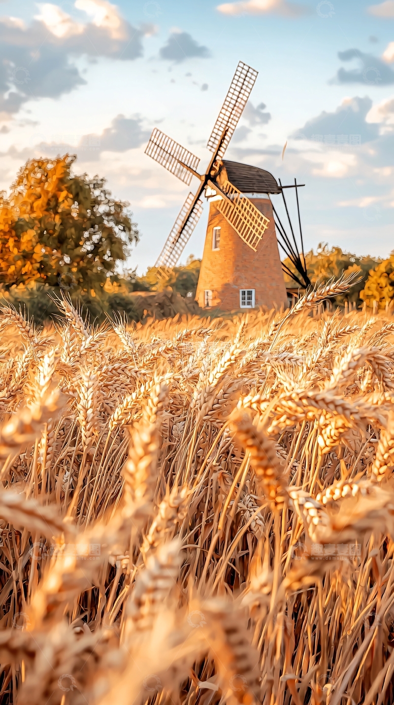 高清大图下载【趣麦麦图】金秋麦田与风车