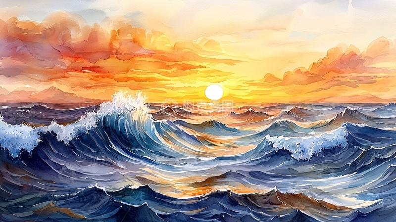 高清大图下载【趣麦麦图】海面日出波涛汹涌