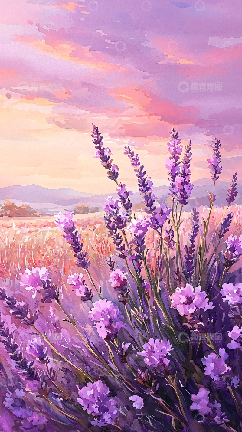 高清大图下载【趣麦麦图】-薰衣草田野夕阳美景