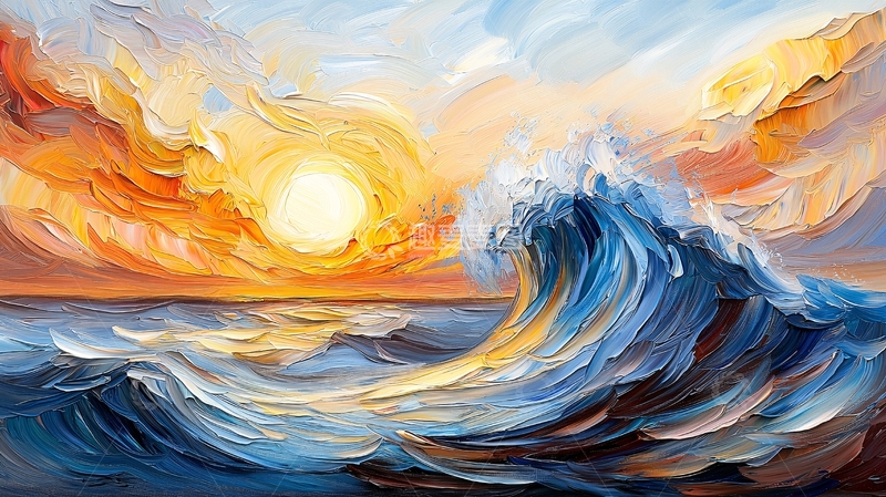 高清大图下载【趣麦麦图】海浪日落的油画风格