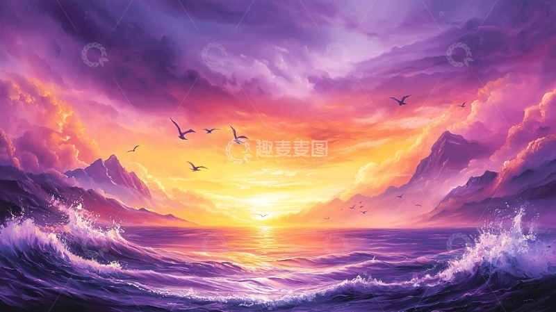 高清大图下载【趣麦麦图】壮丽的紫色天空海面日落
