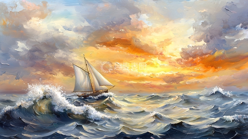 高清大图下载【趣麦麦图】波涛汹涌的海面航行帆船