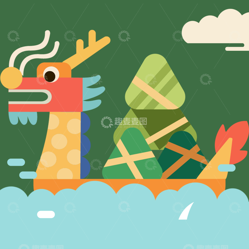 源文件下载【趣麦麦图】端午节龙舟粽子几何立体图案时尚扁平插画