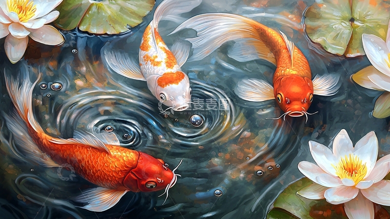 高清大图下载【趣麦麦图】金鱼戏水荷叶图