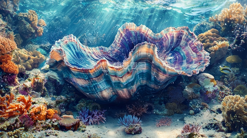 高清大图下载【趣麦麦图】海底珍珠贝与珊瑚礁