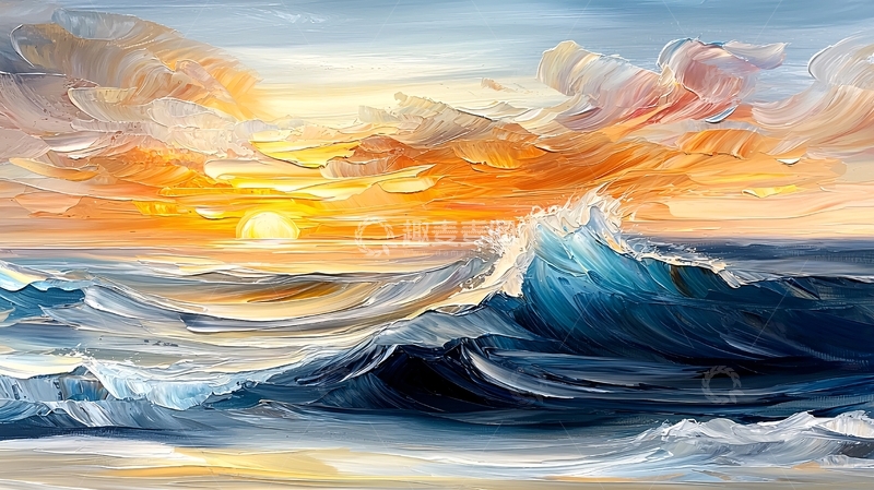 高清大图下载【趣麦麦图】海面日出风景油画