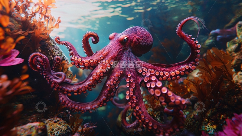高清大图下载【趣麦麦图】深海章鱼与珊瑚礁