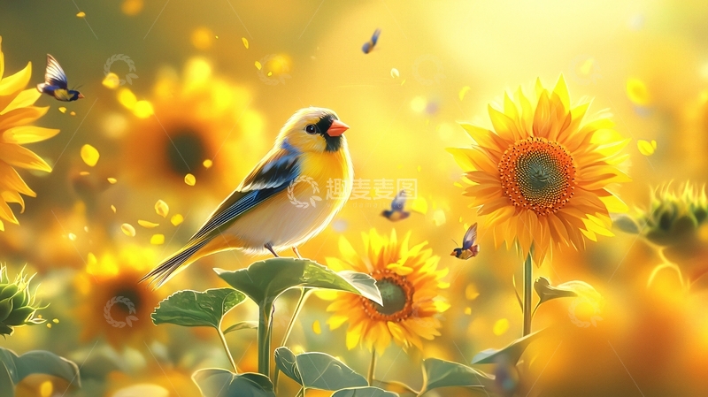 高清大图下载【趣麦麦图】向日葵与鸟儿的和谐自然风光
