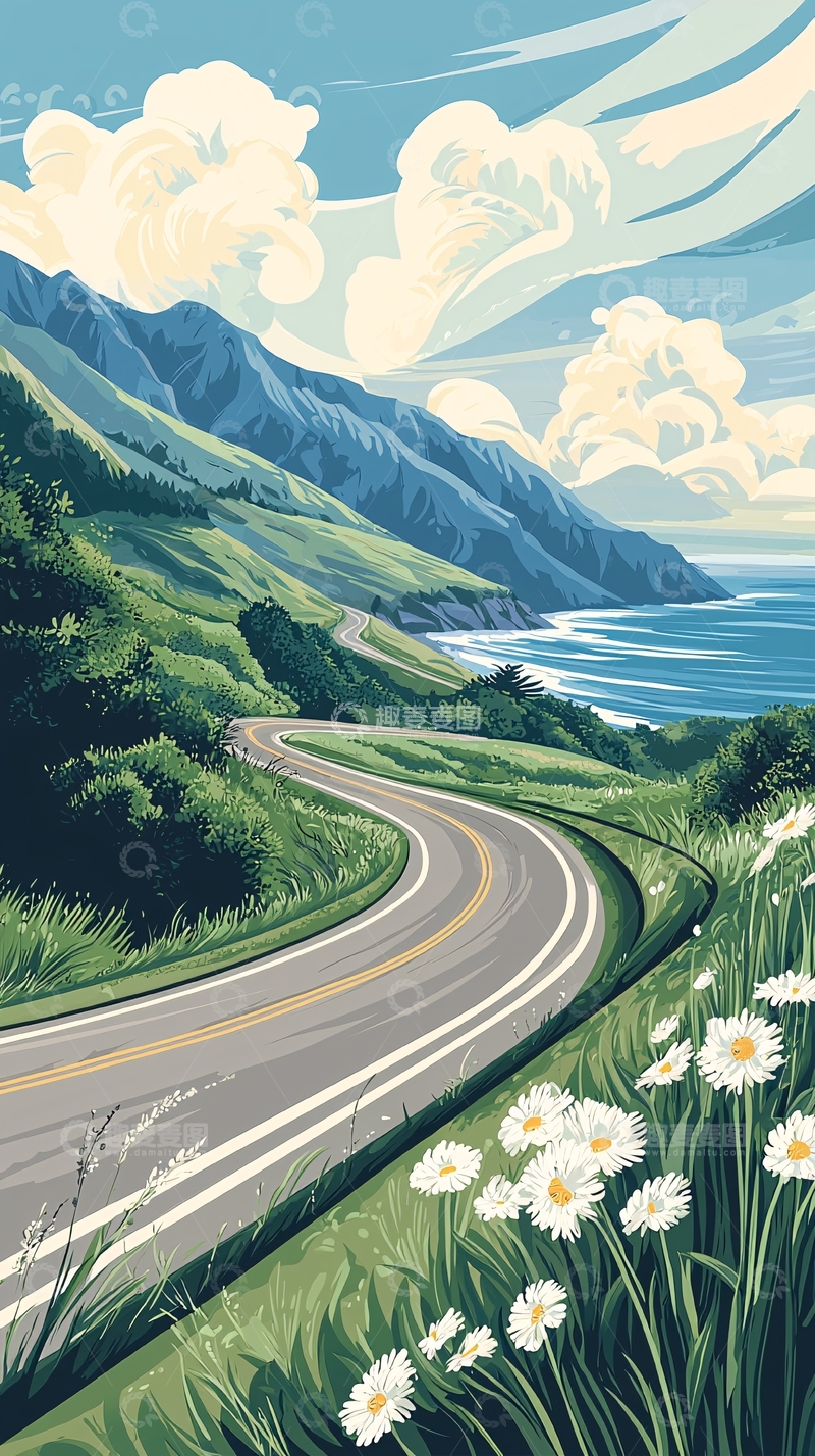 高清大图下载【趣麦麦图】海岸公路风景插画