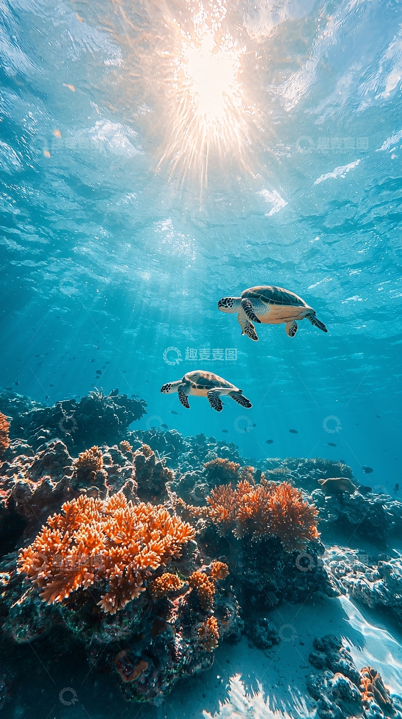 高清大图下载【趣麦麦图】海底珊瑚与海龟的宁静时光