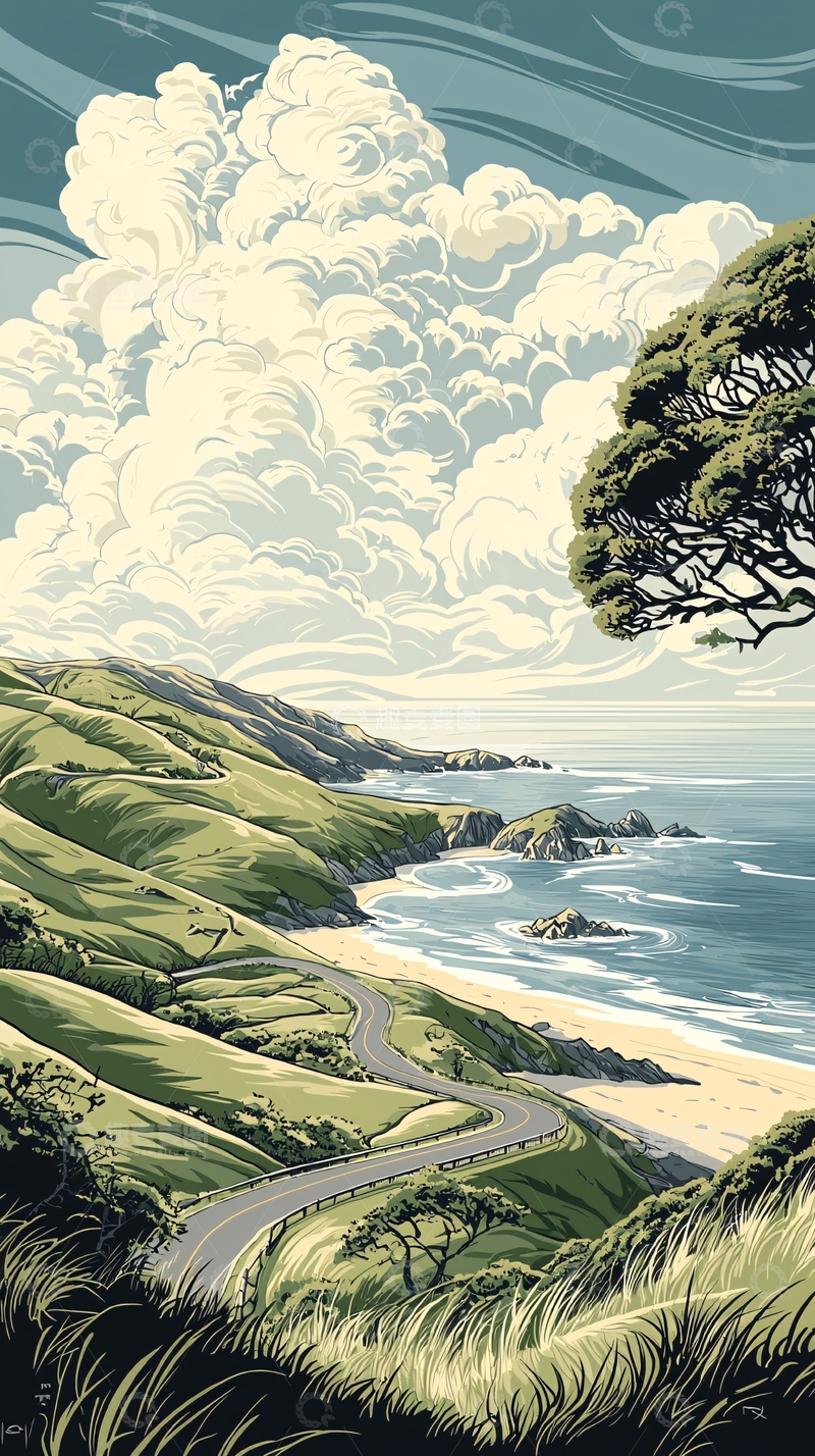 高清大图下载【趣麦麦图】海岸公路风景插画