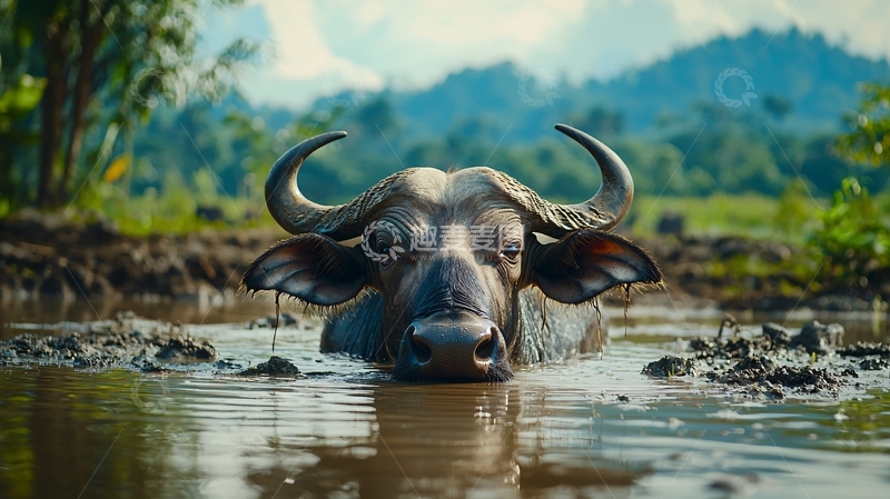 高清大图下载【趣麦麦图】水牛沐浴自然风光