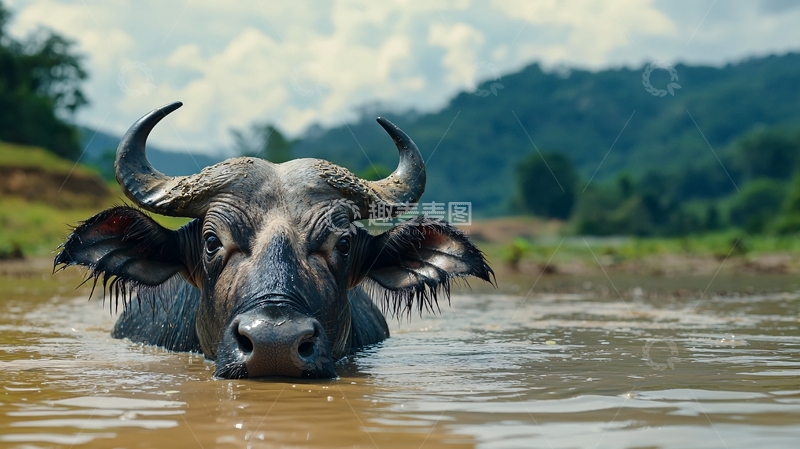 高清大图下载【趣麦麦图】水牛在水中沐浴