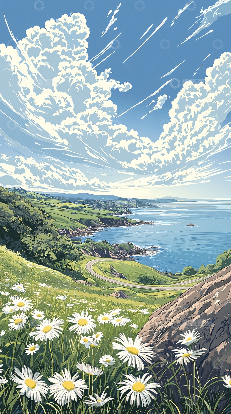 高清大图下载【趣麦麦图】海边花田风景插画