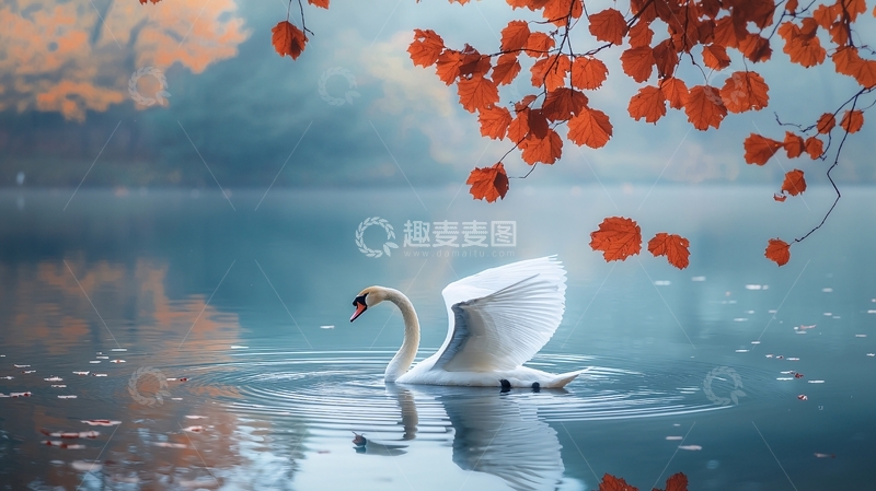 高清大图下载【趣麦麦图】秋日湖畔的天鹅
