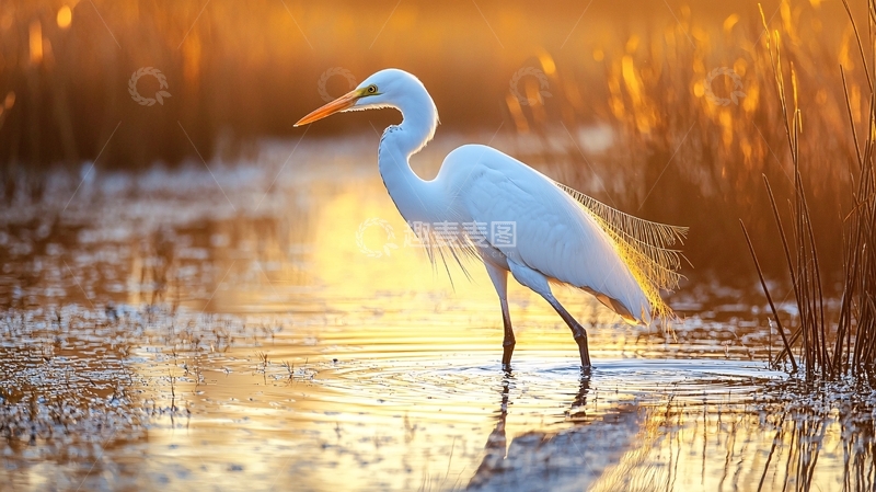高清大图下载【趣麦麦图】夕阳下的白鹭