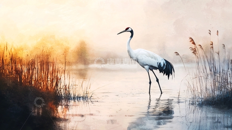 高清大图下载【趣麦麦图】晨雾中的丹顶鹤