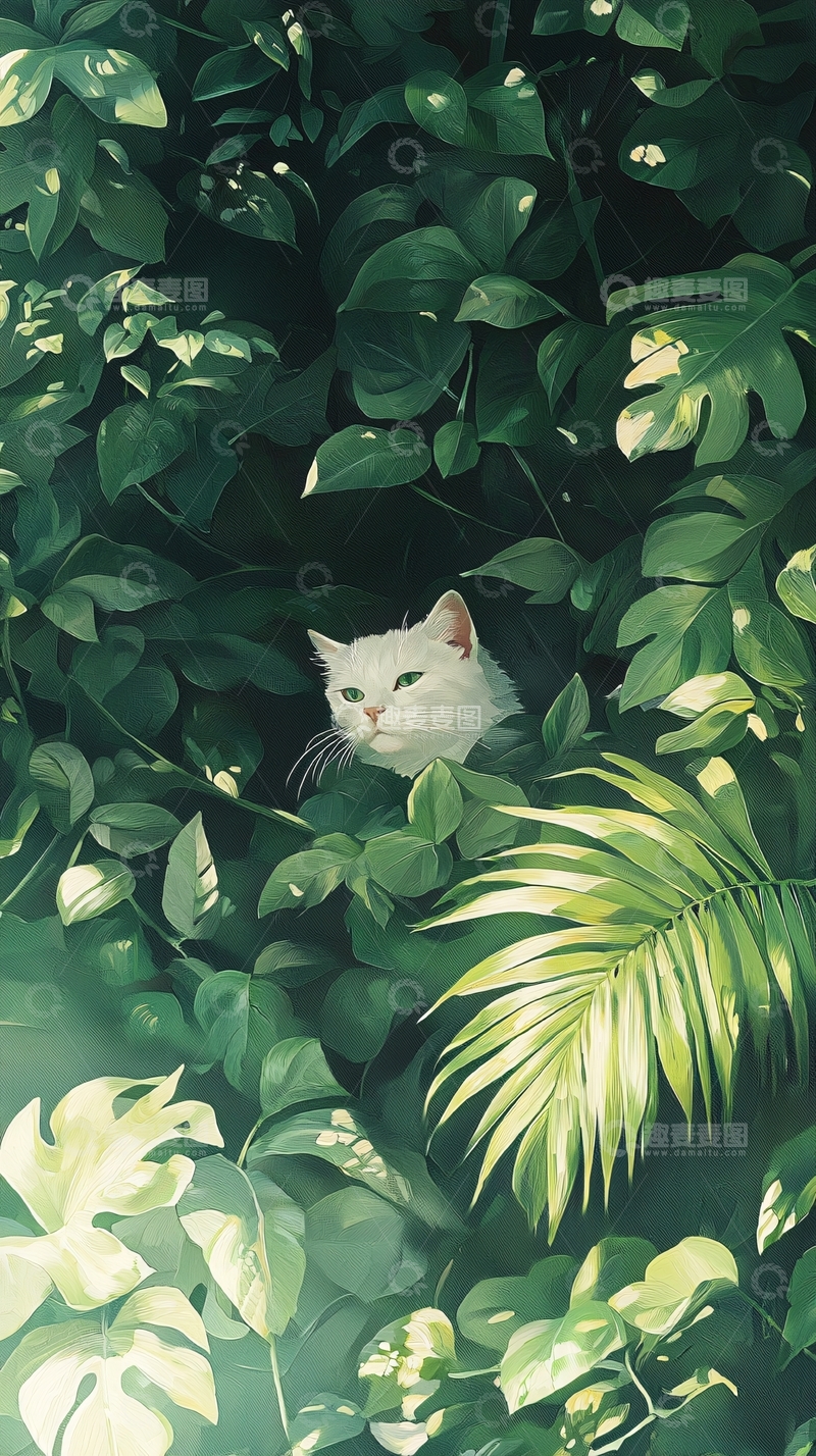 高清大图下载【趣麦麦图】白猫丛林探险