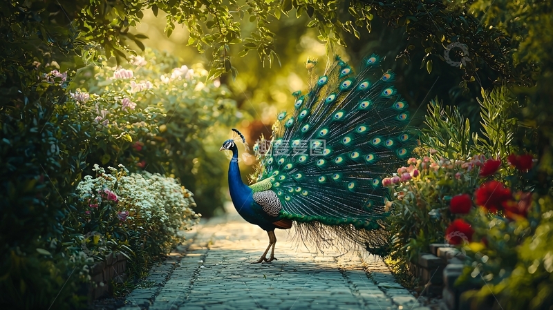高清大图下载【趣麦麦图】孔雀开屏花园小径