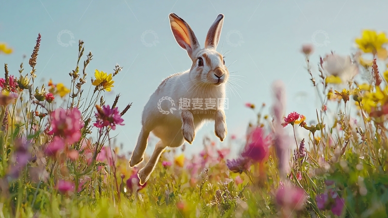 高清大图下载【趣麦麦图】奔跑的兔子在花丛中