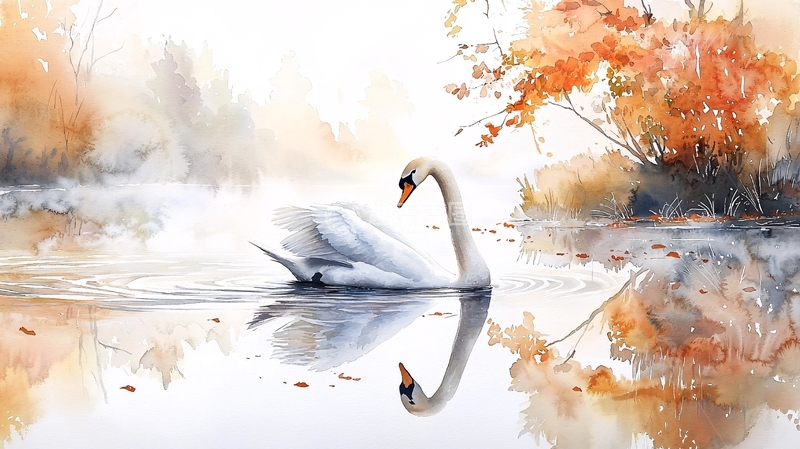 高清大图下载【趣麦麦图】秋日湖畔白鹅静谧图