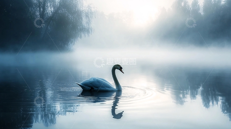 高清大图下载【趣麦麦图】晨雾中的天鹅