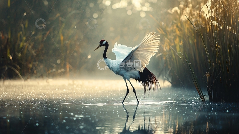 高清大图下载【趣麦麦图】晨光中的红鹤