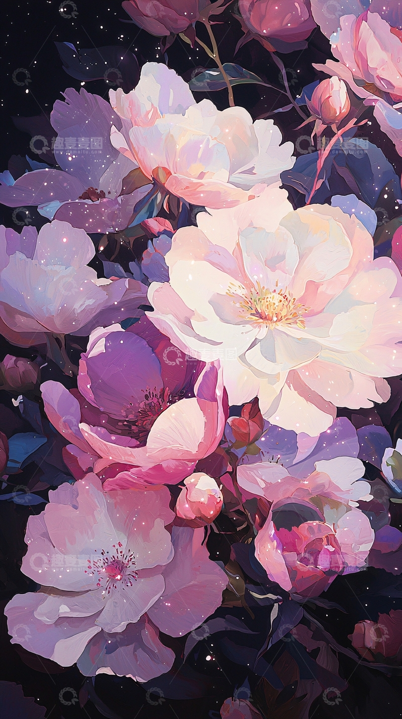 高清大图下载【趣麦麦图】梦幻星空下的花朵背景图