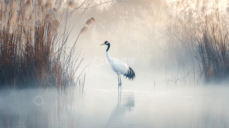 高清大图下载【趣麦麦图】晨雾中的鹤与芦苇