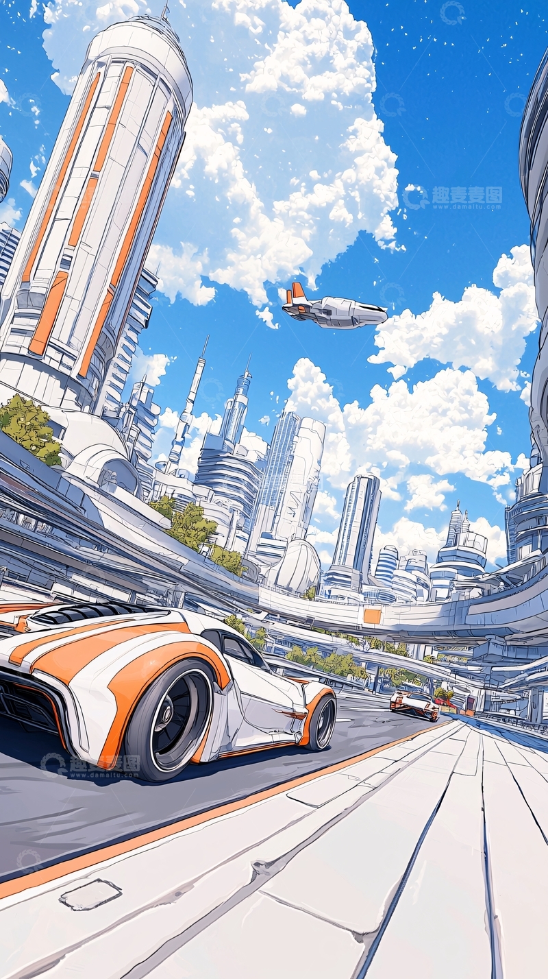 高清大图下载【趣麦麦图】未来城市赛博朋克风格赛车